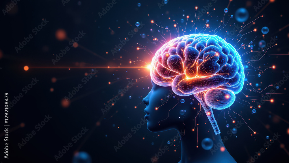 Poster a dynamic graphic visualization of artificial general intelligence (agi) with a brain at its center.
