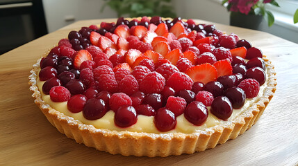 A delicious fruit tart topped with strawberries, raspberries, and cherries on a wooden table.