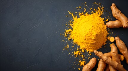 stock photo, overhead bird’s-eye view Turmeric powder and roots on dark slate. Warm autumn colors, intense dramatic weather