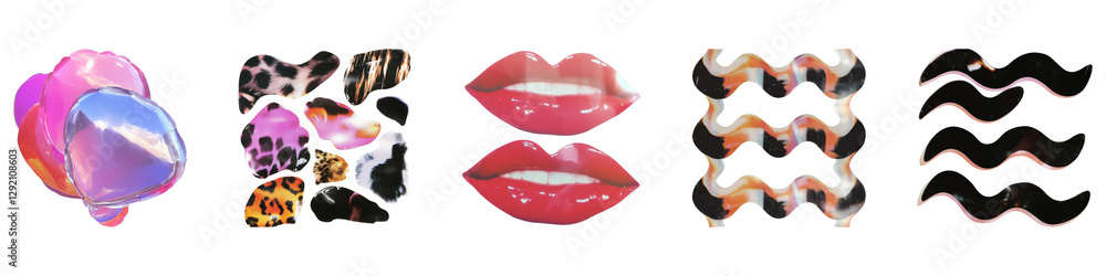 Poster vibrant mix of abstract patterns and lip shapes with vintage element set isolated on transparent bac