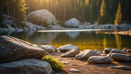 Rocky lake shoreline with evergreen pine trees mountain landscape background
