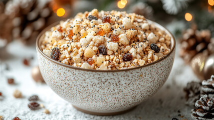 Christmas kutia with wheat groats, raisins, and honey on a white table in a minimalistic setting decorated with festive elements. traditional Ukrainian Christmas dish