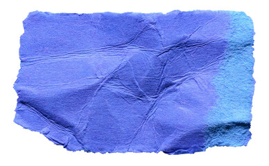 Blue crumpled wrinkled torn blank paper note cardboard with texture and copy space, close up transparent png background isolated cut out design element
