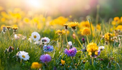 Fototapeta premium Golden sunlight illuminating vibrant wildflowers swaying gently across grassy meadow landscape at dusk