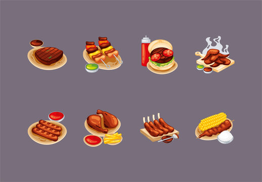 Colorful BBQ Food Grilled Meat Culinary Illustration Set