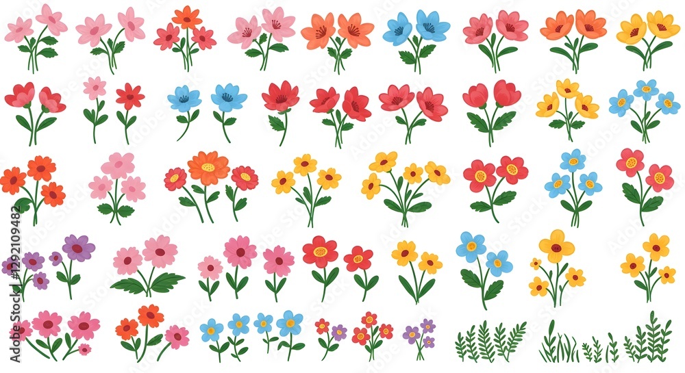 Poster a vibrant array of illustrated flowers with various colors and types, arranged in a playful and arti