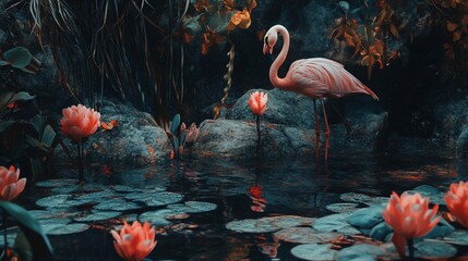 Pink flamingo standing in a lush, tropical pond with pink water lilies.