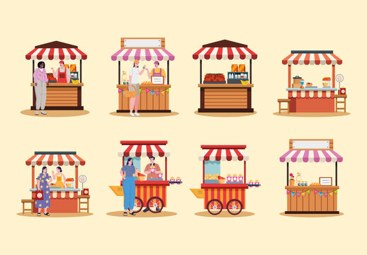 Colorful Street Market Food Business Illustration Set