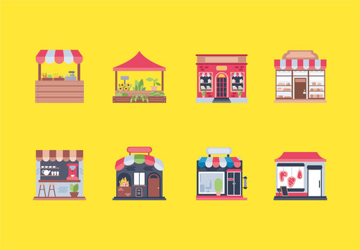 Colorful Local Business Storefront Market Illustration Set