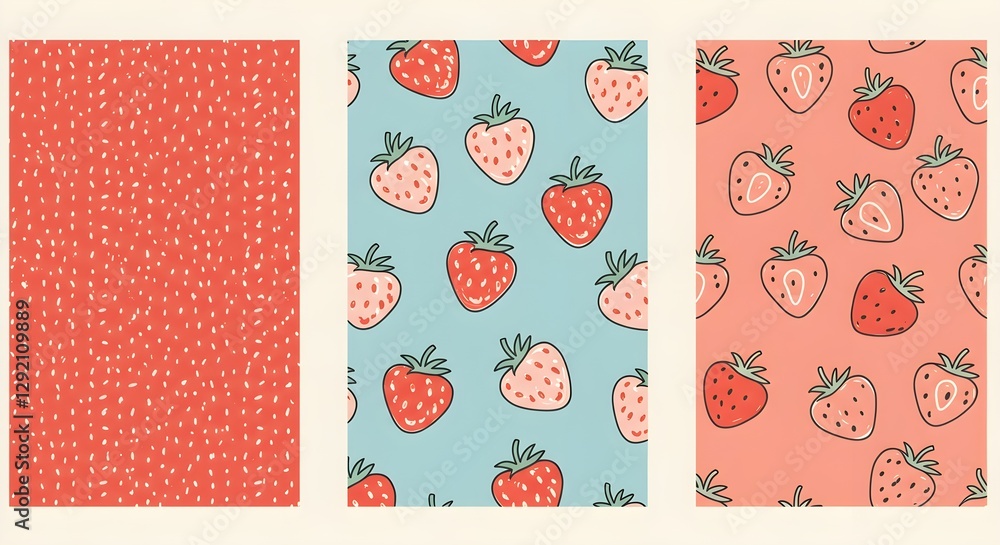 Aufkleber three colorful patterns featuring strawberries, with a playful design in red and blue on a light bac