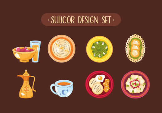 Brown And Yellow Suhoor Food Drink Middle Eastern Illustrations Set