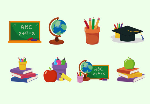 Green And Yellow School Education Learning Stationery Illustrations Set