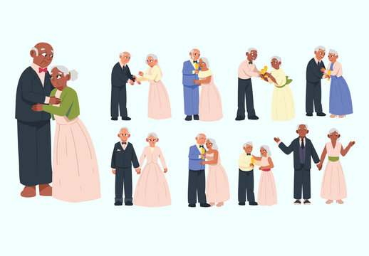 Colorful Golden Wedding Celebration Illustration Set