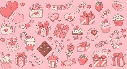 A whimsical collection of pink-themed Valentine's Day icons, including hearts, gifts, and sweets, perfect for festive celebrations.