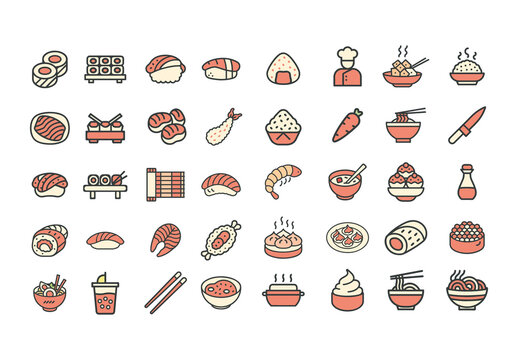 Orange and Beige Japanese Food Sushi Icons Set