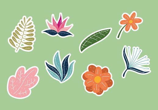 Colorful Hand-Drawn Botanical Floral Leaves Sticker Set

