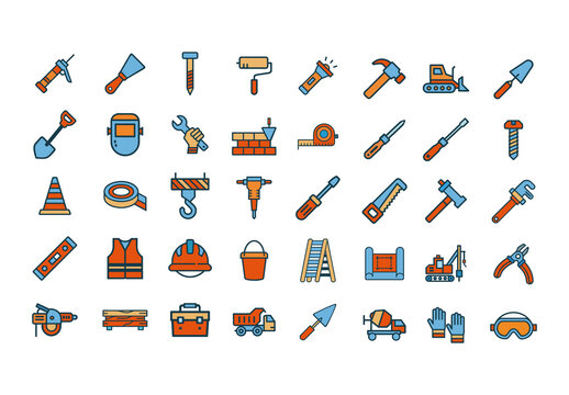Orange and Blue Industrial Construction Tools Icons Set