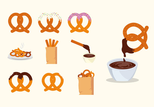 Orange Tasty Pretzel Bakery Food Illustration Set