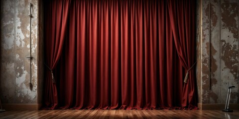 A theater stage features a closed red velvet curtain, aged walls with peeling paint, wooden flooring, ropes, pulleys, and stage equipment.