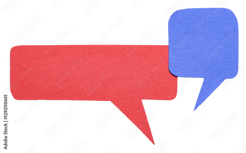 Poster two red blue blank cut out paper speech bubbles with rough edges and copy space for text on transpar