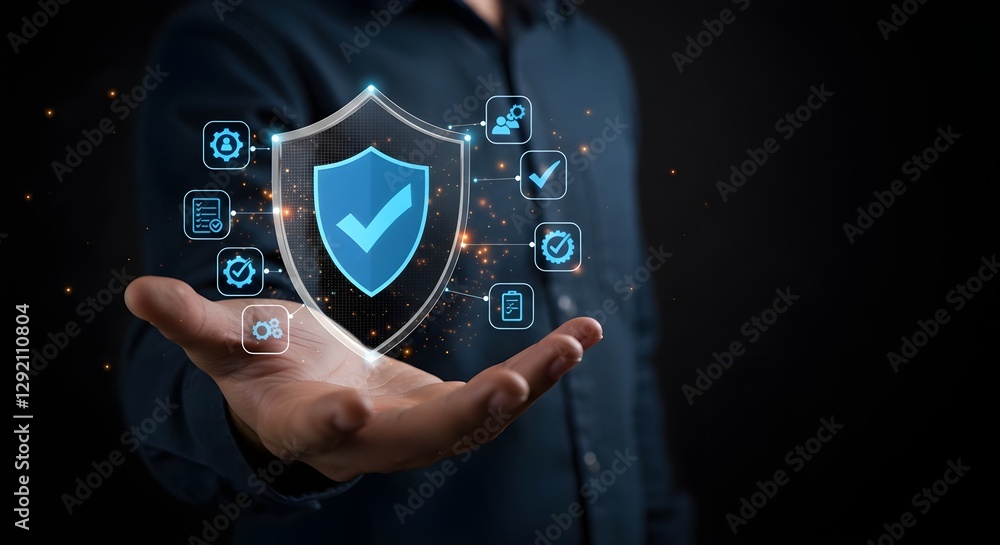 Poster a person holds a digital shield icon representing security, surrounded by various technology-related