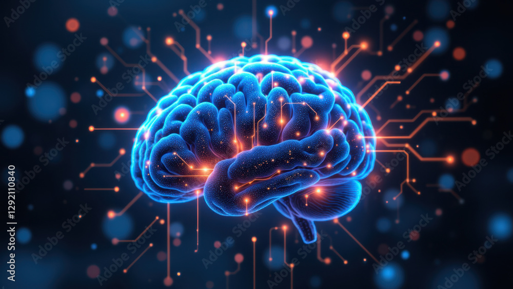 Poster a digital representation of a human brain with glowing circuits, symbolizing artificial general inte