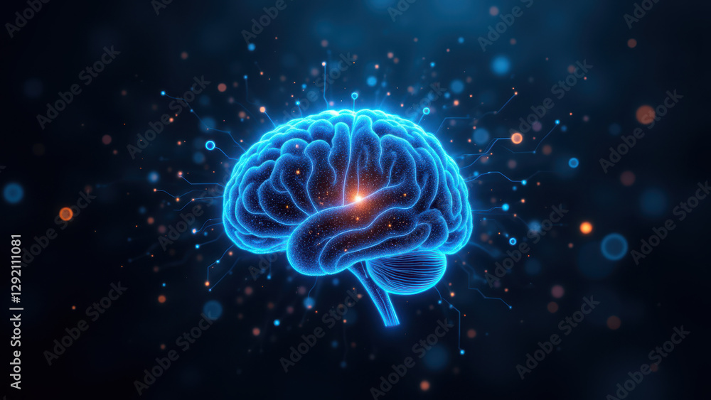 Poster computer graphic illustration of a human brain with artificial intelligence circuitry integrated int
