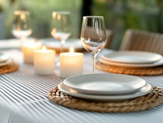 elegant outdoor dinner table setting with candles.