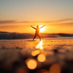 Person with arms raised at sunset on the beach