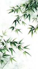 Obraz premium A minimalist watercolor painting of bamboo leaves on a white background. The green hues and soft brush strokes create a sense of tranquility, balance, and natural beauty.