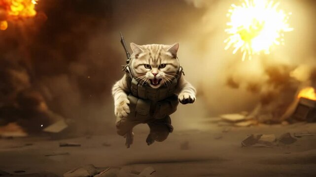 Military cat in tactical gear running through battlefield. Combat kitten in army uniform with equipment. Sepia toned action scene 