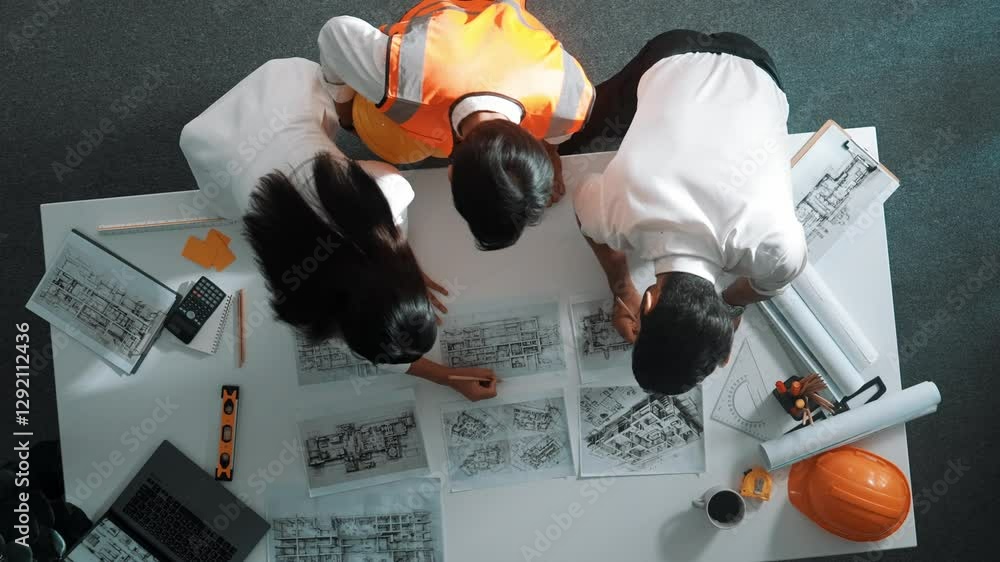 Poster top down view of smart architect engineer place document at meeting table with safety helmet and pla