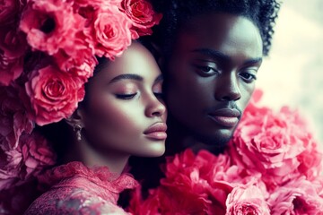 Sign of love and affection. Commercial digital ads layout. Valentine's day, soulmatescouple: stunning noticeable image of loving black young lovers. Couple portrait. Love marketing. True love.