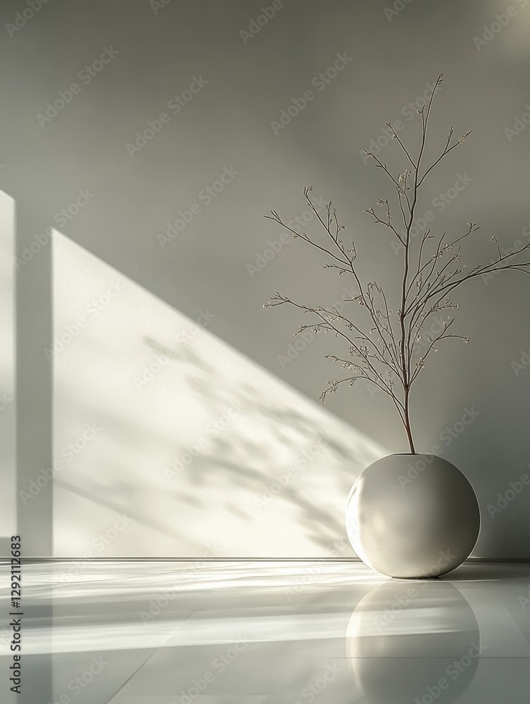 Aufkleber Minimalist interior with a white vase and delicate branches casting shadows on a smooth floor. Generative AI