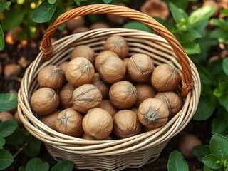 Basket of walnuts in the garden.