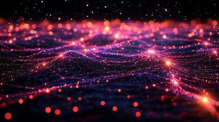 Abstract glowing network, digital landscape with red and purple lights.