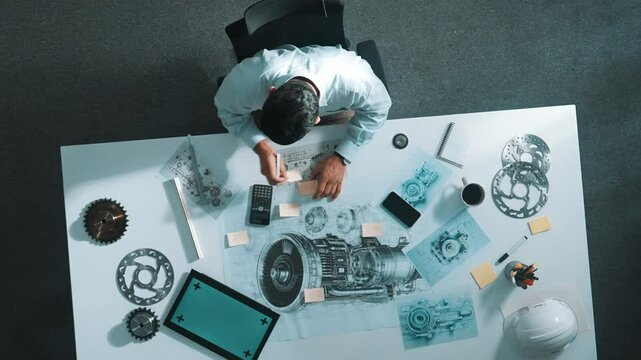 Top down view of skilled engineer writing and planning turbine engine design while sitting at meeting table with gear and electronic generator scatter around. Technician taking a note. Alimentation.