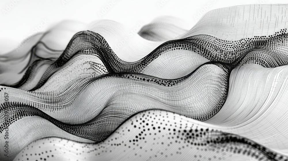 Poster abstract wavy black and white wireframe surface with atmospheric dots and lines