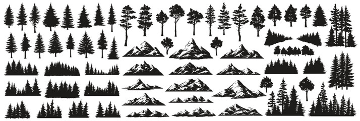 Silhouettes of trees and mountains