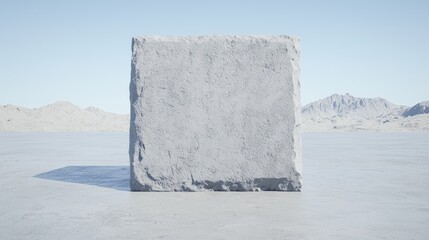 Desert landscape, large stone cube, background mountains, product display