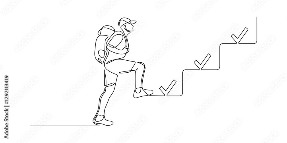 Aufkleber man climbs the stairs in one continuous line drawing. concept symbol of career success and achieving