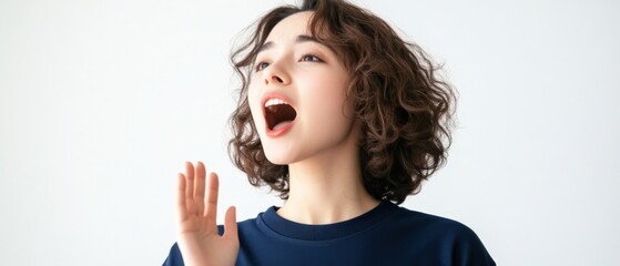 young woman calling out with hand up