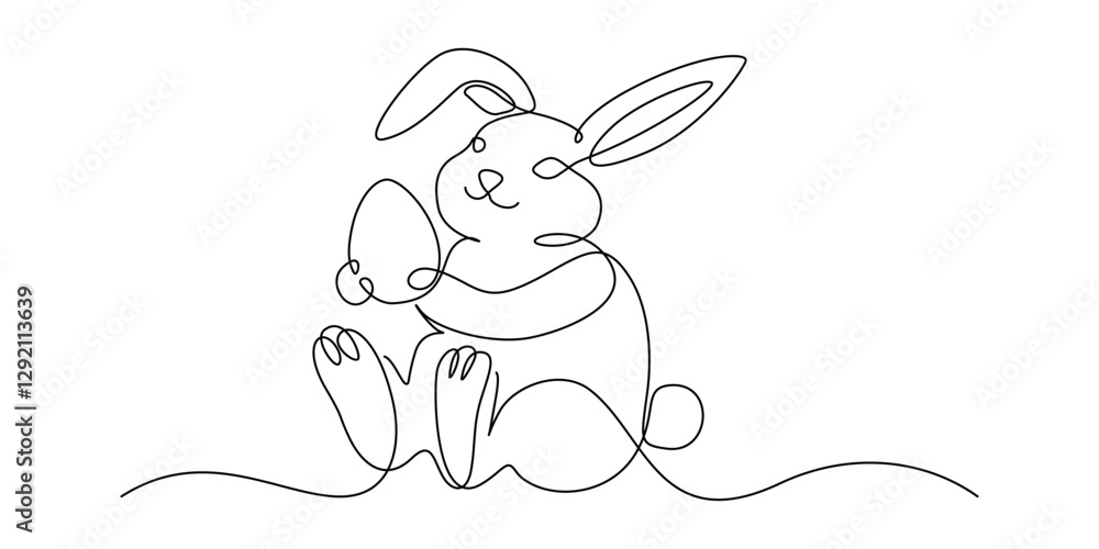 Poster one continuous line drawing of easter eggs and rabbit. greeting banner design with bunny and ears in