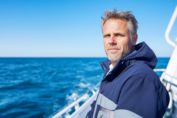 Fototapeta premium Confident captain enjoying the open sea from modern yacht deck