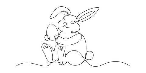 One continuous line drawing of Easter eggs and rabbit. Greeting banner design with bunny and ears in simple linear style. Editable stroke. Doodle vector illustration