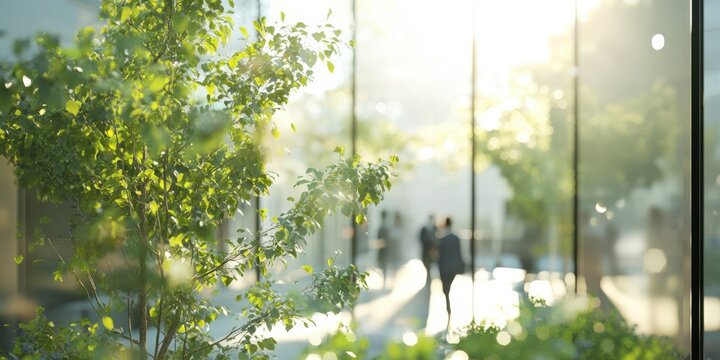 Blurred figures walk past a modern glass office building