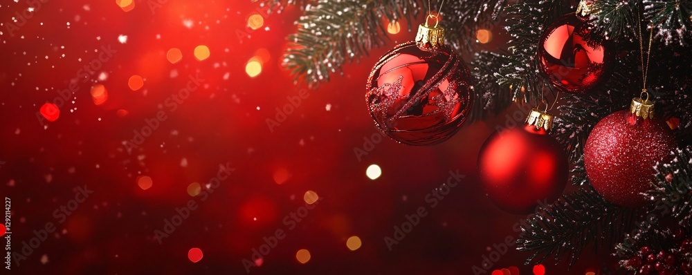 Poster christmas tree branch decorated with red baubles on red background
