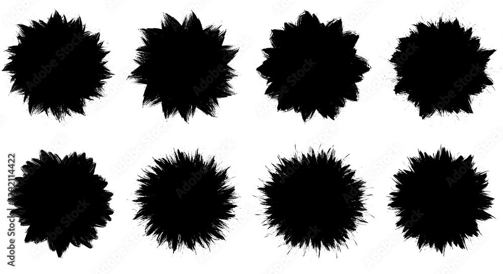 Poster a collection of eight black, spiky, circular shapes arranged in two rows, showcasing different textu