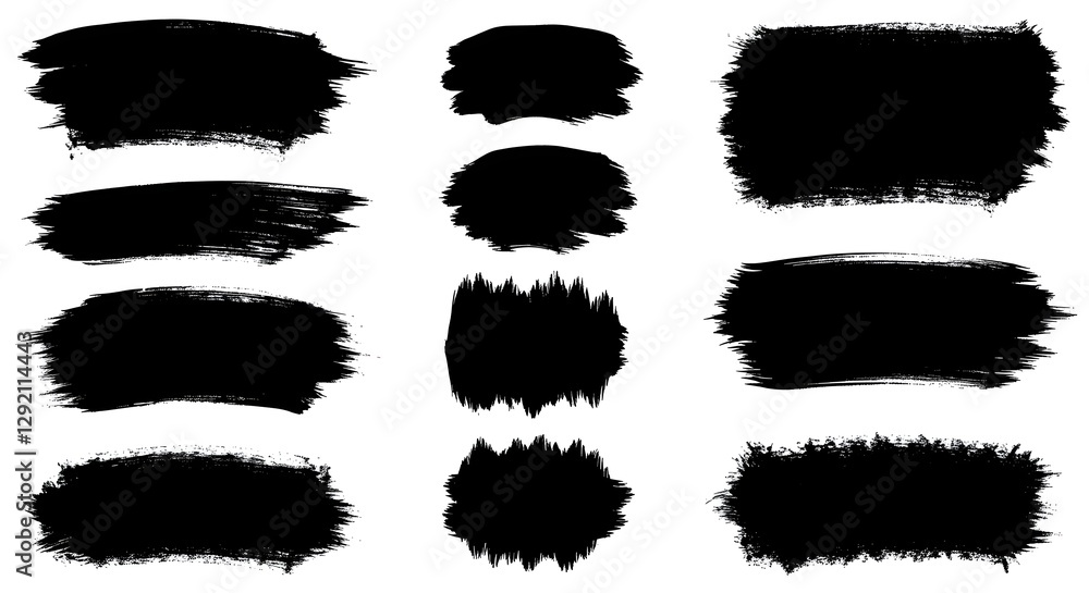 Poster a collection of black brush stroke graphics, varying in shape and size, ideal for design projects an