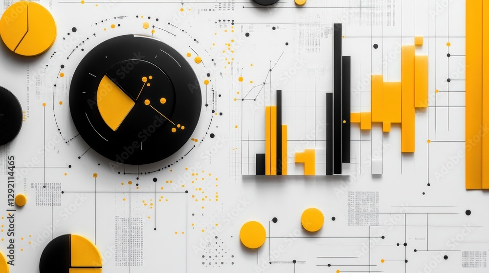 Poster abstract geometric composition featuring black and yellow shapes with data visualization elements